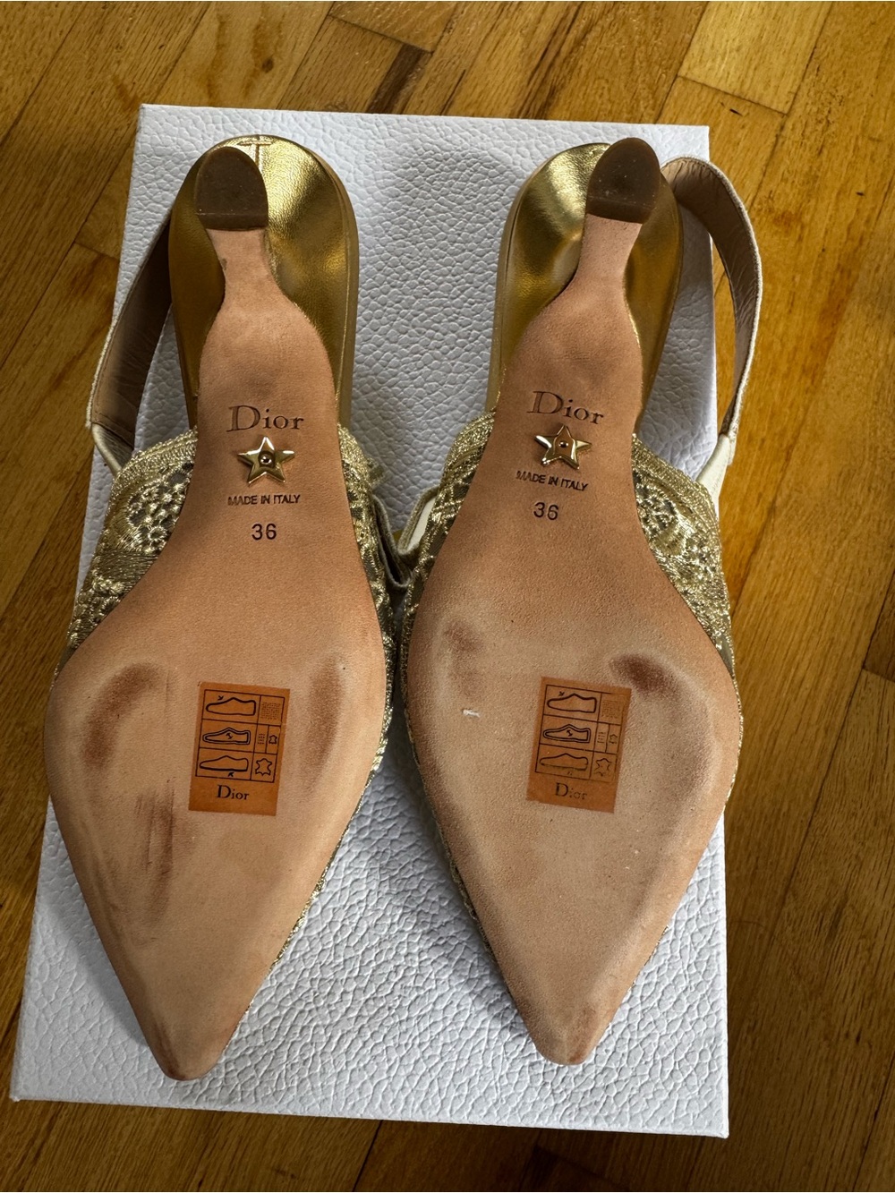 Dior Gold Embroidered Pointed Slingback Heels - Picture 6 of 6